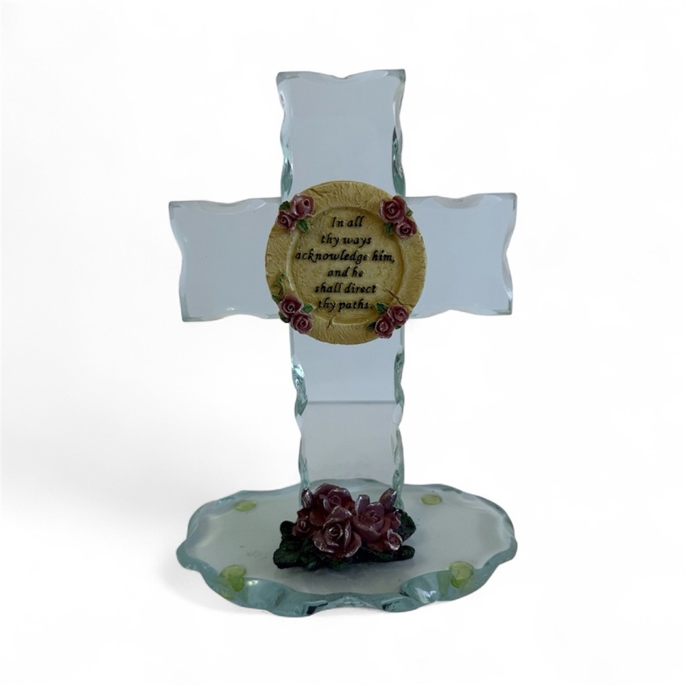 Glass Standing Cross Religious Decor Proverbs 3:6 Scripture Roses Figurine